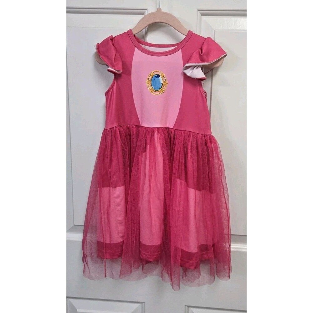 Girls Pink Princess Peach Cosplay Costume Dress Tulle Skirt Flutter Sleeve XS